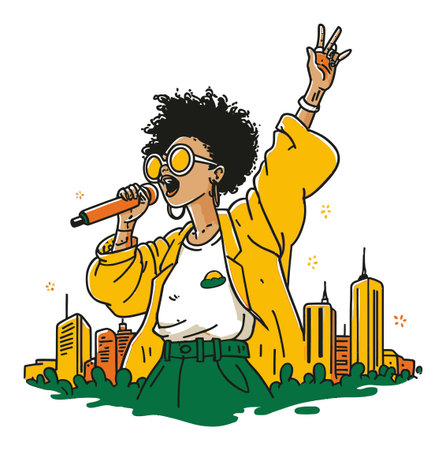A lively illustration featuring a woman passionately singing into a microphone. The vibrant city skyline sets a dynamic backdrop for this energetic performance.のイラスト素材