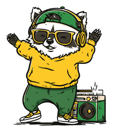 A vibrant hand-drawn illustration of a trendy raccoon dancing with a retro boombox. Perfect for projects that celebrate music, fun, and playful character designs.のイラスト素材