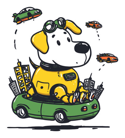 A vibrant hand-drawn illustration of a playful dog driving a futuristic car, surrounded by flying vehicles and a city skyline, perfect for a fun children's theme.のイラスト素材