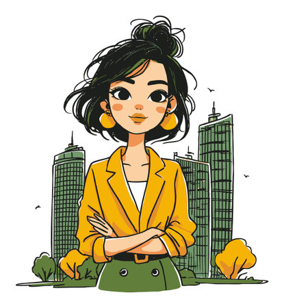 A vibrant hand-drawn illustration features a confident woman in a stylish outfit, set against a modern city skyline. Perfect for creative projects!のイラスト素材