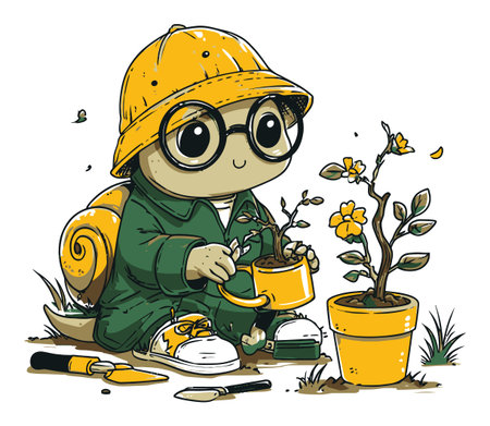 Adorable hand-drawn illustration of a cute turtle wearing a yellow hat, happily watering flowers in a garden. Perfect for nature lovers and children's themes.のイラスト素材