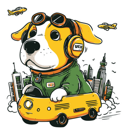 A whimsical hand-drawn illustration featuring a cute dog pilot in goggles, traveling in a yellow vehicle amidst a lively city skyline and flying aircraft.のイラスト素材