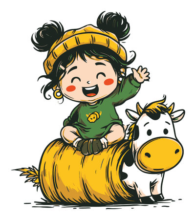 A joyful child in a yellow hat and green sweater rides a cheerful cow, showcasing innocence and playfulness in this delightful hand-drawn illustration.のイラスト素材