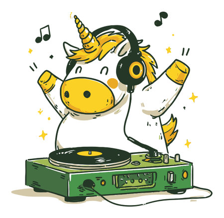 A whimsical illustration of a cheerful unicorn DJ joyfully playing vinyl records on a turntable, surrounded by musical notes and vibrant colors. Perfect for party themes!のイラスト素材