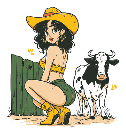 Vibrant hand-drawn illustration featuring a playful cowgirl posing next to a cow, exuding charm and rural spirit in a scenic farm setting. Perfect for creative projects.のイラスト素材