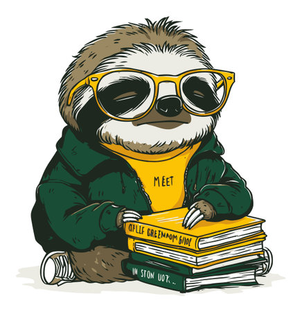 Hand-drawn illustration of a cute sloth wearing glasses, surrounded by books. Perfect for educational themes, cozy designs, or animal lovers.のイラスト素材