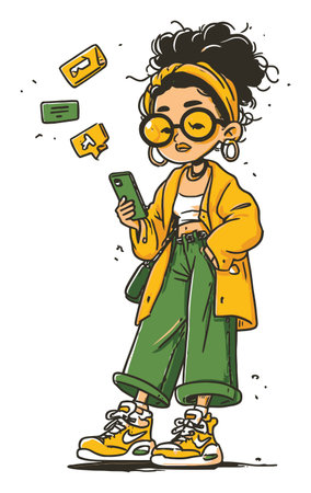 Hand-drawn illustration of a stylish young woman checking her smartphone. She wears trendy clothing with bright colors, embodying modern youth culture.のイラスト素材