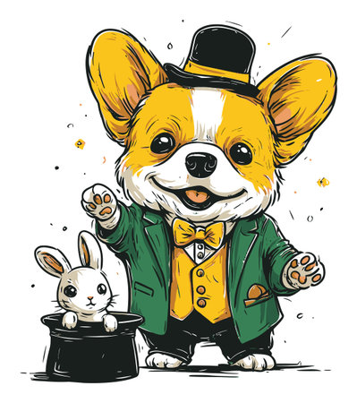 This charming hand-drawn illustration features a joyful corgi wearing a top hat, presenting a bunny from a magician's hat, perfect for pet lovers and whimsical art.のイラスト素材