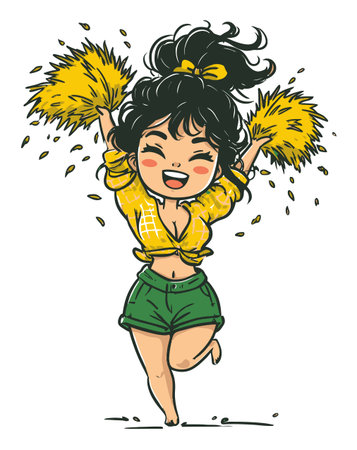 This vibrant hand-drawn illustration features a cheerful young girl in a playful cheerleader outfit, energetically dancing with pom-poms. Perfect for joyful themes.のイラスト素材