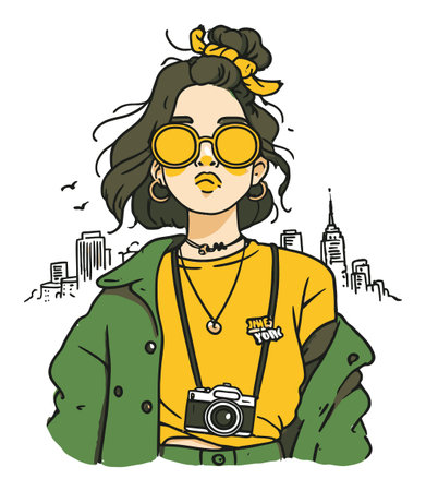 This hand-drawn illustration depicts a stylish young woman wearing sunglasses and holding a camera. The lively city skyline adds an urban touch to the trendy look.のイラスト素材
