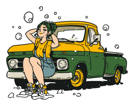 A playful hand-drawn illustration of a girl sitting on a vintage pickup truck, enjoying bubbles around her, evoking a sense of joy and nostalgia.のイラスト素材
