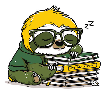 This delightful hand-drawn illustration features a cute sloth sleeping peacefully on a stack of books, complete with glasses. Perfect for adding charm!のイラスト素材