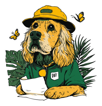 A whimsical hand-drawn illustration featuring a golden retriever in a hat, surrounded by tropical leaves and butterflies. Perfect for animal lovers and nature enthusiasts.のイラスト素材