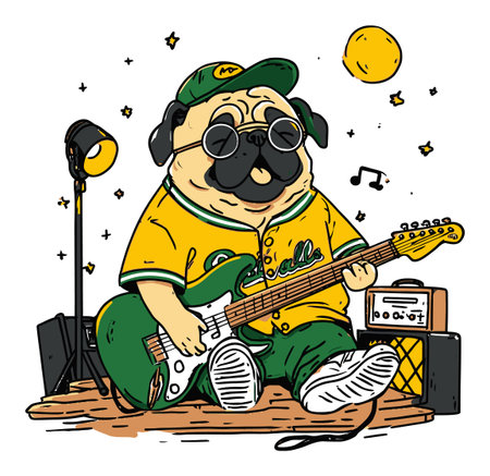 Charming hand-drawn illustration of a pug playing guitar, surrounded by musical elements. This whimsical artwork captures a playful and joyful atmosphere, perfect for music lovers.のイラスト素材