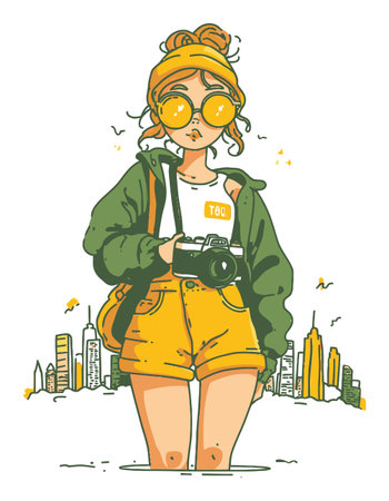 Hand-drawn illustration of a stylish young woman holding a camera in an urban environment. She embodies a trendy lifestyle, capturing moments with flair.のイラスト素材