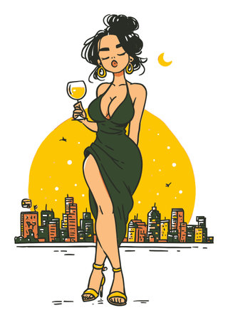 This hand-drawn illustration features an elegant woman in a stylish evening dress holding a drink, set against a vibrant city skyline at night, showcasing confidence and beauty.のイラスト素材