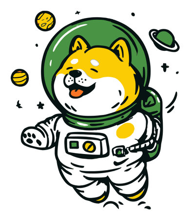 This hand-drawn illustration features a cheerful dog in a spacesuit, joyfully floating in outer space surrounded by planets, embodying adventure and fun.のイラスト素材