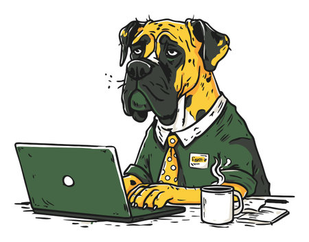 This hand-drawn illustration features a bulldog working on a laptop with a cup of coffee, blending humor and creativity. Perfect for pet lovers and offices!のイラスト素材