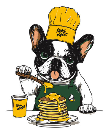 A charming illustration of a French Bulldog in a chef's hat preparing delicious pancakes. Perfect for food lovers and pet enthusiasts alike, this artwork adds a playful touch to any kitchen decor.のイラスト素材