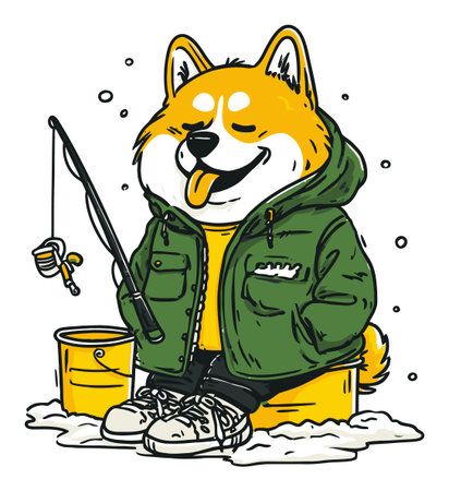 Adorable hand-drawn illustration of a happy dog fishing in the snow, showcasing a cheerful winter scene perfect for various creative projects and merchandising.のイラスト素材