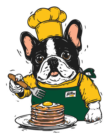 This charming hand-drawn illustration features a cute French bulldog chef, ready to serve delicious pancakes. Perfect for culinary-themed projects!のイラスト素材
