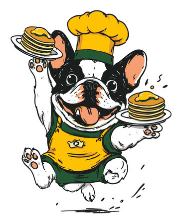A cheerful dog dressed as a chef joyfully holds two plates of pancakes, embodying fun and whimsy. Perfect for food lovers and pet enthusiasts!のイラスト素材
