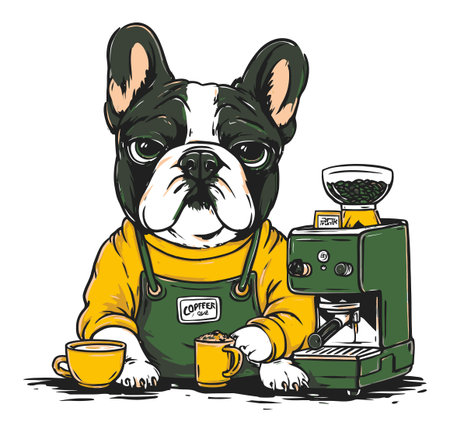 This hand-drawn illustration features a charming dog sitting with a coffee cup and espresso machine. Perfect for coffee lovers and pet enthusiasts alike.のイラスト素材