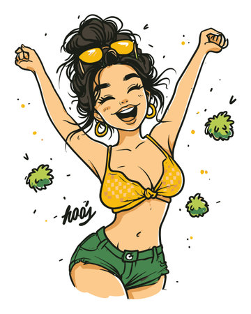 A vibrant, hand-drawn illustration depicting a joyful young woman celebrating summer. She wears a colorful bikini and sunglasses, radiating energy and positivity.のイラスト素材