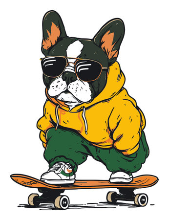 A stylish hand-drawn illustration of a French bulldog wearing a hoodie and sunglasses while skateboarding. The artwork captures a fun and vibrant urban lifestyle.のイラスト素材