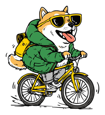 A cheerful dog rides a bright yellow bicycle while wearing stylish sunglasses and a green jacket. This hand-drawn illustration captures the essence of fun and adventure, perfect for animal lovers.のイラスト素材