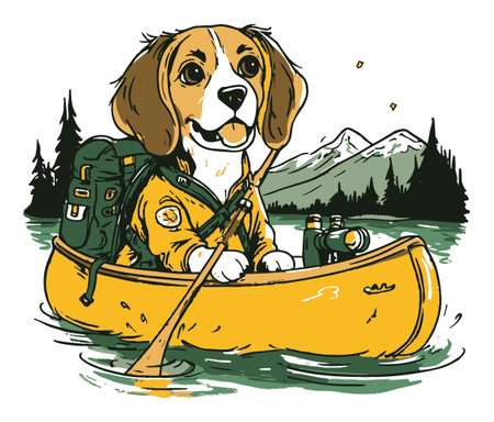 This hand-drawn illustration features a cheerful dog in a canoe, enjoying a peaceful day on the water. Surrounded by majestic mountains and lush trees, this artwork captures the spirit of adventure and companionship in nature.のイラスト素材