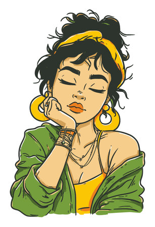 This hand-drawn illustration features a thoughtful woman with stylish accessories, exuding confidence and creativity. The vibrant colors and unique details highlight her personality.のイラスト素材