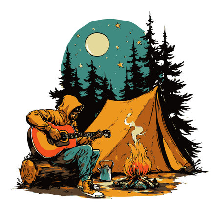 A serene illustration of a camper playing guitar by the campfire under a starry moonlit sky, surrounded by tall trees and a cozy tent, capturing a perfect outdoor ambiance.のイラスト素材