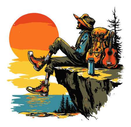 This vintage-style illustration showcases a hiker relaxing on a cliff edge, enjoying a vibrant sunset. It captures the essence of adventure and tranquility in nature.のイラスト素材