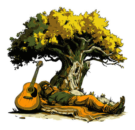 This illustration depicts a serene scene of a man relaxing under a vibrant yellow tree with an acoustic guitar nearby. Perfect for themes of tranquility and leisure.のイラスト素材