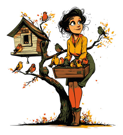 This charming illustration features a young woman happily interacting with colorful birds perched on a tree. A joyful depiction of nature and companionship.のイラスト素材