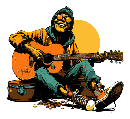 Vibrant illustration of a joyful musician strumming an acoustic guitar. The character, dressed casually, exudes happiness, adding a colorful touch to any artistic collection.のイラスト素材