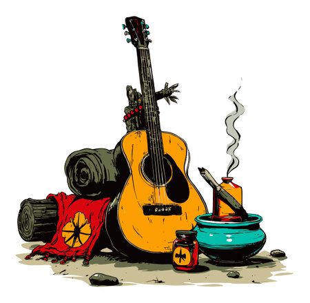 This vibrant illustration features a cozy acoustic guitar, rustic elements, and artistic accessories, creating a warm ambiance perfect for music lovers and artists.のイラスト素材
