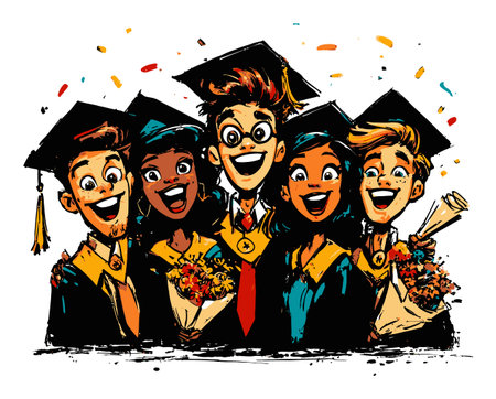 This vibrant illustration captures a joyful graduation moment with five smiling graduates in caps and gowns celebrating together. The colorful scene radiates excitement and achievement.のイラスト素材