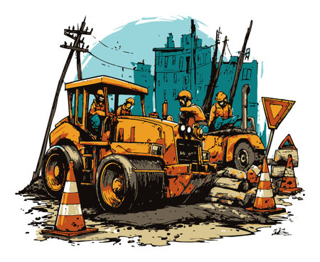 A colorful illustration depicting workers operating heavy machinery at a busy construction site, surrounded by safety cones and urban landscape elements.のイラスト素材