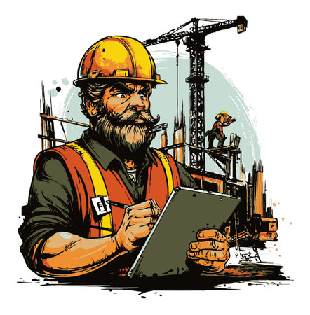 This illustration showcases a confident construction worker in a hard hat, holding a clipboard to manage site activities. The detailed artwork captures the essence of construction life.のイラスト素材