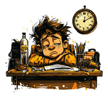 A colorful illustration of a tired boy sitting at a messy desk, surrounded by stationery and a clock, depicting emotions of boredom and drowsiness in a playful art style.のイラスト素材