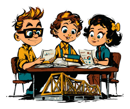 Three children collaborate on a project, surrounded by books and notes, showcasing creativity and teamwork in a vibrant classroom environment.のイラスト素材