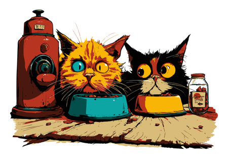 This vibrant illustration features two playful cats, one orange and one black, eagerly waiting by their colorful food dishes. Ideal for pet lovers.のイラスト素材