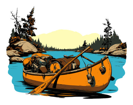 This vibrant illustration captures a canoe on a tranquil lake, surrounded by a serene forest. Perfect for conveying adventure and outdoor exploration.のイラスト素材