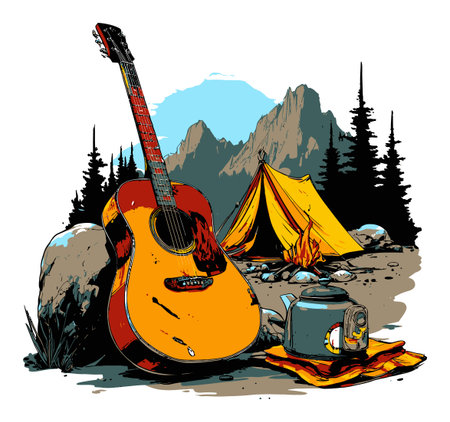 A vibrant illustration of a camping scene featuring a guitar, a cozy tent, and a mountain backdrop with a campfire. Perfect for outdoor enthusiasts and music lovers.のイラスト素材