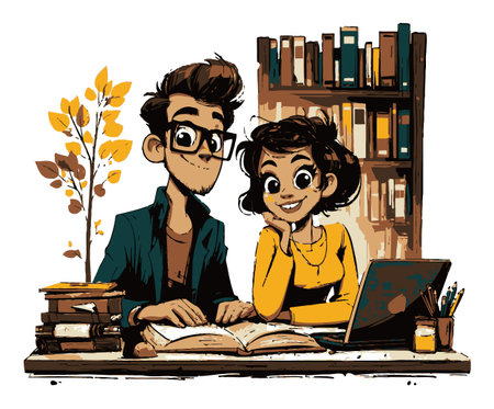Cheerful students collaborate on their studies, surrounded by books and a laptop in a cozy library setting. This illustration captures the essence of learning and teamwork.のイラスト素材