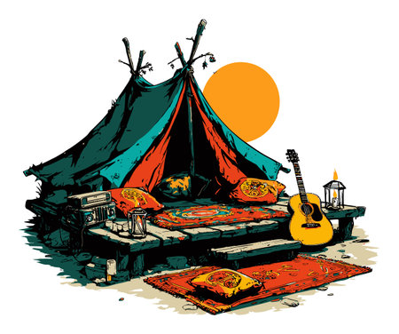 This vibrant illustration depicts a cozy camping scene featuring a colorful tent, a guitar, and decorative cushions. The warm sunset and lanterns enhance the inviting outdoor atmosphere.のイラスト素材