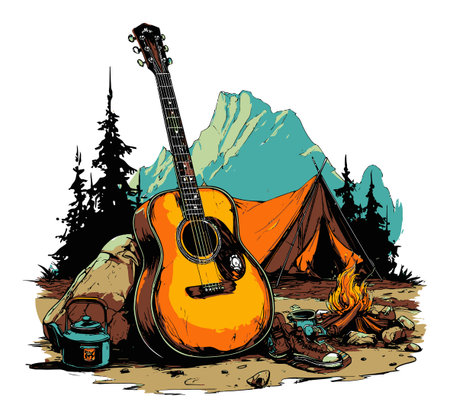 This vibrant illustration showcases a guitar beside a campfire and tent, set against majestic mountains, capturing the essence of outdoor adventure and relaxation.のイラスト素材
