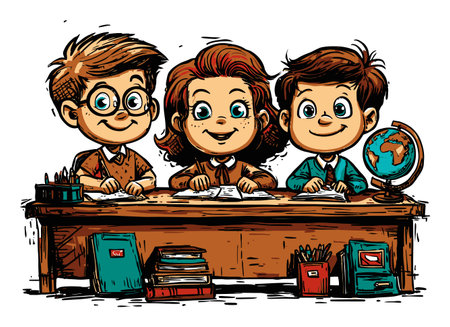 A vibrant illustration showcasing three happy children sitting at a desk with books, a globe, and school supplies, celebrating friendship and learning in a fun atmosphere.のイラスト素材